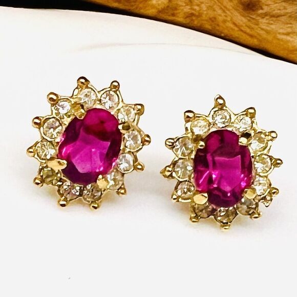 Vintage ROMAN Faux Pink Sapphire Ruby Rhinestones Stud Earrings Flower NICE 4081 - Picture 1 of 13